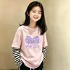 Camiseta de algodón puro para niña, estilo dos piezas falsas, manga larga, primavera y otoño, estilo coreano, camiseta básica elegante para niños mayores, top de moda infantil