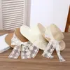 Chapéu de Palha com Tira de Renda Estilo Pastoral Laço Chapéu de Sol de Verão Moda ao Ar Livre Proteção Solar Chapéu de Sol para Mulheres Doce Chapéu de Sol