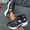 Sandalias de cuña con diseño calado y punta cerrada para mujer, Zapatos de plataforma con suela gruesa y velcro para mujer, Sandalias planas de caña baja en negro al por mayor y tallas grandes