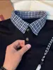 Camisa Polo de Manga Corta Patchwork Cuadros Estilo Americano Falso Dos Piezas para Hombre, Estilo Veraniego, Marca Trendy Genial Canalla, Camiseta de Hombro Real de Peso Pesado