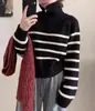 Otoño Invierno Transfronterizo Nuevo Estilo Media Cremallera Bloque de Color Raya Cuello Alto Tejido Suelto Jersey Sudadera Abrigo para Mujer