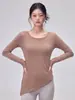 Top de yoga para entrenamiento y fitness, manga larga, cuello redondo, con abertura lateral, dobladillo asimétrico, agujero para el pulgar, elástico, corte ajustado
