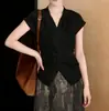 Camisa Melard de Color Café con Cuello en V y Manga Corta para Mujer, Nueva Moda Verano 2026 Blusa Elegante con un Toque de Lujo