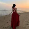 Vestido Rojo Estilo Francés con Cuello V y Tirantes para Mujer, Hermoso Sexy sin Espalda con Abertura, Adelgazante, Largo, para Vacaciones en la Playa