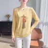 Camiseta de Algodón y Cáñamo con Estampado de Dibujos Animados Manga Larga para Mujer Estilo Coreano Rejuvenecedora Simple Transpirable Cuello Redondo Holgada Manga Corta