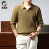 Roupas masculinas populares no estilo old money, camisa polo de malha estilosa para homens, roupa casual de outono com gola tesoura, camisa masculina canelada de manga longa em cor sólida