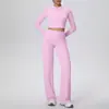 Jaqueta Esportiva Slim Europeia e Americana Transfronteiriça com Zíper Cintura Alta Respirável Cor Nude Calça Wide Leg Yoga Traje Fitness Yoga