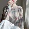 Nueva Camiseta de Punto Fina de Manga Larga con Estampado Tie-Dye de Tinta Redonda de Lyocell Tencel para Primavera y Verano Top para Mujer