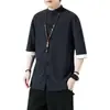Camisa Masculina de Linho com Fivela Manga Curta Estilo Chinês Verão Masculina Meia-manga Traje Tang Estilo Antigo Algodão e Linho Hanfu Terno Zhongshan Chinês