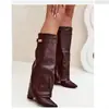 Botas transfronterizas europeas y americanas para mujer, punta fina, caña ancha, hebilla metálica recta, botas de longitud media, talla grande, tacón grueso, botas estilo pantalón para mujer
