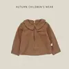 Camisa de rayas estilo coreano para niños con cuello grande para primavera y otoño, unisex para bebé, color café, vintage, con cuello de muñeca, manga larga, tipo chaqueta