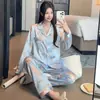 Pijama Mujer Primavera Otoño Manga Larga Pantalón Largo Dulce Imitación Seda Cárdigan Conjunto de Dos Piezas Ropa de Casa Fábrica Venta al por Mayor
