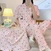 Fábrica Directa Estilo Ins Lunares Gato Kt Seda de Leche Conjunto de Tres Piezas Ropa de Casa para Mujer Pijamas