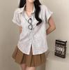 Camisa de solapa de manga corta a cuadros de contraste vintage chic de Corea del Sur para mujer