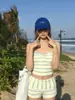 Traje de baño de tres piezas para mujer con cuello halter, manga larga y salida de baño, adelgazante y disimulador, adecuado para vacaciones conservadoras en la playa y aguas termales 9287