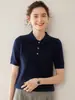 Outono e Inverno Novo Tricô Feminino 100% Caxemira Gola Polo Torcido Slim Top Interno Manga Curta Tricô Camisa Básica de Tricô