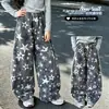 Calça jeans feminina de perna larga com estampa de estrelas, estilo primavera e outono, calça longa casual solta para crianças mais velhas, calça de perna curva moderna para o outono
