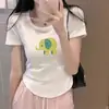 Camiseta de Algodón con Textura de Hilo Manga Corta para Mujer Super Adelgazante Estilo Chica Caliente Diseño Corto Sentido del Diseño Verano Ajuste Delgado Versátil Dobladillo Curvo Top
