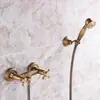 Traje de ducha retro simple estilo europeo de cobre antiguo, grifo de agua caliente y fría, boquilla de mano triple montada en la pared de la bañera