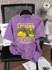 Estilo Lavável Transfronteiriço Estampa de Limão Fresco Algodão Puro Camiseta Lavada Feminina Manga Curta Gola Redonda Manga Curta
