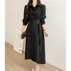 Vestido de manga comprida para mulheres, design francês, elegante e adequado para o trabalho, primavera e outono, acinturado, emagrecedor, vestido de comprimento médio