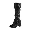 Botas Romanas 52 Botas de Salto Alto Botas de Cavaleiro Novas Retrô Comércio Exterior Botas de Cano Alto 33 Grossa 2024 Fivela de Cinto Feminino Preto