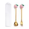 Cuchara y tenedor de acero inoxidable portátil para niños, con bonitos dibujos animados, dorados, para café, fruta, postre, caja de regalo