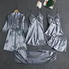 Pijama para Mujer Verano Seda de Hielo Sexy Caliente Ropa para el Hogar Primavera y Otoño Manga Larga Delgado Talla Grande Traje de Cinco Piezas Transfronterizo Bata de Baño