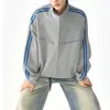 Moletom com Zíper Listrado Bordado Marca Americana Moderna Estilo College Masculino Casal Gola Alta Casual Versátil Jaqueta Esportiva