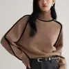 Diseño de cuello alto, nuevo estilo otoño e invierno, casual y elegante, corte holgado, suéter de punto con bloques de color