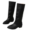 Botas de Moda Tejidas de Tacón Bajo por Encima de la Rodilla para Mujer 2025 Nuevas Europeas y Americanas Punta Cuadrada Slip-On Tacón Chunky Botas de Moda Botas de Mujer