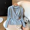 Tejido de encaje con cuello en V y halter, de manga larga, para mujer en otoño e invierno, conjunto corto de top interior y prenda inferior