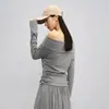 Camiseta de Manga Larga con Hombros Descubiertos y Cuello de una Sola Línea para Mujer 26 Primavera y Otoño Versátil Estilo Coreano Elegante Pulóver de Punto de Tencel y Lana