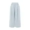 Pantalones Anchos Rayados Refrescantes para Mujer con Adorno de Encaje, de Cintura Alta, Versátiles, de Corte Holgado, Adelgazantes, de Corte Recto, Largos hasta el Suelo, Casuales para Caminar