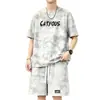 Camiseta de manga corta tie-dye con vibra americana para hombre, nueva marca de moda de verano, estilo desgastado, conjunto de dos piezas de moda juvenil