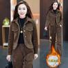 Terno de moda espessado com forro de lã feminino 2025 outono e inverno novo estilo ocidental emagrecedor jaqueta curta casual duas peças roupas femininas