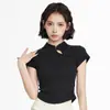 Nueva Camiseta de Algodón Puro de Manga Corta para Mujer de Verano, Nuevo Cuello Alto Estilo Chinoiserie, Corte Delgado, Versátil, Diseño de Estilo Nacional y Elegante