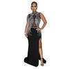 C6860 cross-border AliExpress Amazon moda europeia e americana moda feminina sólida malha strass vestido vestido dividido