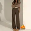 Calça Jeans Reta Forrada com Lã para Mulheres, Novo Cor Café Marrom Outono e Inverno 2026, Petite Cintura Alta Perna Estreita Larga, Tamanhos Grandes