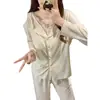 Pijama de Primavera y Otoño para Mujer, Holgado, Ribete de Encaje, con Almohadillas de Sujetador Integradas, Conjunto, Ropa para el Hogar, Se Puede Usar al Aire Libre