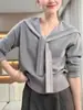 Tejido de punto tipo chal con cuello gris marino para mujer Diseño Otoño 2025 Top de estilo corto