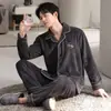 Pijama de Flanela Masculino Inverno Manga Longa Calça Cardigã Gola Lapela Quente Xadrez Pode Ser Usado Fora Antiestático Roupa de Casa