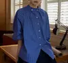 Miu camisa blusa de manga larga con volantes y cuello alto de cuadros azules cuadros azules cuadros blancos spandex