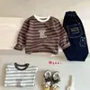 Camiseta informal de manga larga a rayas con estampado de dibujos animados estilo coreano y bloques de color, para niños y niñas, para primavera y otoño