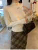 Suéter versátil de cuello medio alto y hombros descubiertos estilo coreano para mujer, nuevo top corto de punto holgado para otoño, casual y ajustado