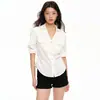 [En Stock] Camisa Blanca de Tencel y Lino con Cuello en V y Mangas Tres Cuartos para Mujer, Estilo Old Money, Blusa Holgada Casual con Cintura Ajustable