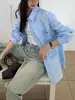 Camisa Azul para Mujer, Nuevo Estilo de Primavera, Estilo Coreano Casual de Algodón Puro Holgada Estilo Perezoso Chaqueta, Camisa de Manga Larga