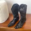Botas Largas para Mujer con Punta Fina, Tacón Grueso, Remaches Negros, Estilo Nuevo Retro Botas de Caballero Vaquero, Botas Largas Western Ajustadas y Versátiles
