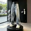 Pantalones curvos para hombre con pintura salpicada y rotos azules, pantalones de pierna recta con lavado y efecto desgastado, pantalones vaqueros de pierna ancha de marca moderna estilo americano