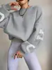 Moletom com Estampa de Letras Estilo Preguiçoso Europeu e Americano Feminino Outono Inverno Novo Solto Gola Redonda Pulôver Top Emagrecedor Jaqueta Casual